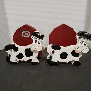 Vintage Handcrafted Wooden Cow & Barn Napkin Holder Figurine Farmhouse Set of 2